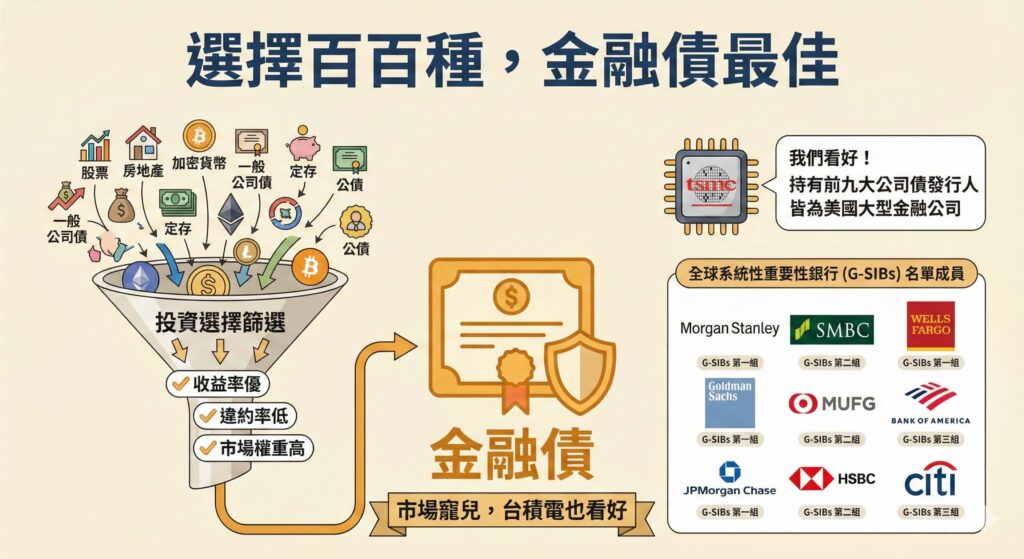 一張資訊圖表,主題為「選擇百百種,金融債最佳」。左側圖解透過篩選器(條件:收益率優、違約率低、市場權重高)從股票、房地產、公債等選項中得出「金融債」。右側強調金融債是市場寵兒,並指出台積電也看好,其持有的前九大公司債發行人皆為美國大型金融公司。圖中並列出全球系統性重要性銀行(G-SIBs)名單成員的Logo,如摩根士丹利、高盛、花旗、匯豐等。