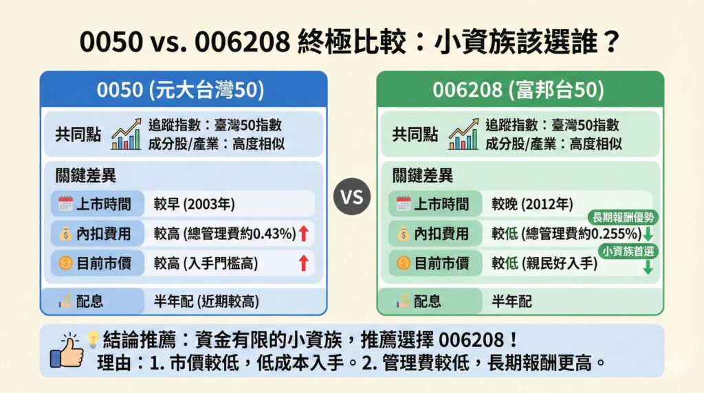 一張資訊圖表,進行「0050 vs. 006208 終極比較」,分析小資族該選誰。圖中顯示兩者皆追蹤臺灣50指數。關鍵差異在於:0050內扣費用較高(約0.43%)且市價高;006208內扣費用較低(約0.255%)且市價親民。結論推薦資金有限的小資族選擇006208,因其具備低成本入手與長期管理費較低的優勢。