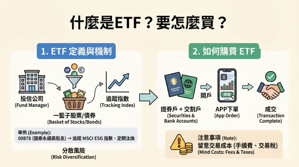 一張詳細的資訊圖表,解析「什麼是ETF?要怎麼買?」。左側圖解ETF定義與機制,說明其為投信公司管理、追蹤指數的一籃子股票/債券(以00878為例),具分散風險效果。右側圖解購買流程:開立證券戶+交割戶 → APP下單 → 成交,並提醒需留意手續費與交易稅等交易成本。