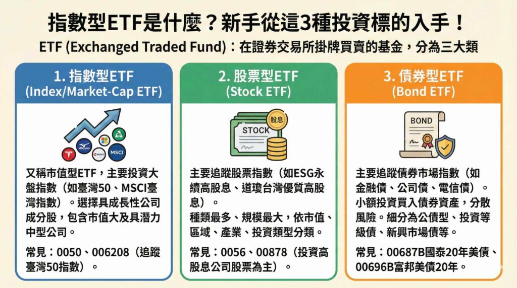 一張詳細的資訊圖表,主題為「指數型ETF是什麼?新手從這3種投資標的入手!」。圖中比較了三大類ETF的定義與常見標的:1. 指數型ETF(市值型,追蹤大盤如臺灣50,舉例0050、006208);2. 股票型ETF(追蹤特定策略如ESG高股息,舉例0056、00878);3. 債券型ETF(追蹤債券指數分散風險,舉例00687B美債、00696B)。