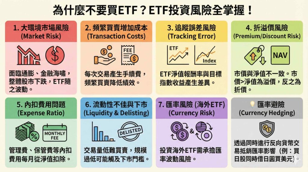 一張資訊圖表,詳細解析「為什麼不要買ETF?ETF投資風險全掌握!」。圖中列出了7大風險:1.大環境市場風險;2.頻繁買賣增加交易成本;3.追蹤誤差風險;4.折溢價風險;5.內扣費用問題;6.流動性不佳與下市風險;7.購買海外ETF的匯率風險(另含匯率避險說明)。