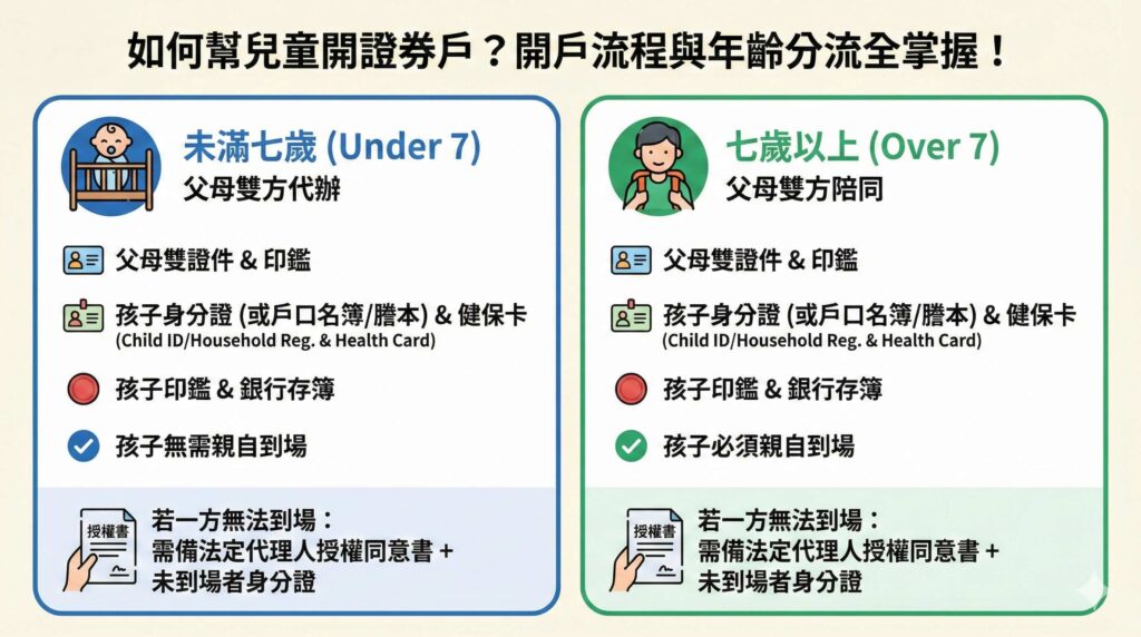 一張詳細的資訊圖表,解析幫兒童開立證券戶的流程。圖中依據「未滿七歲」與「七歲以上」分流,列出父母與孩子所需準備的雙證件、印鑑、戶口名簿/健保卡等資料,並說明孩子是否需親自到場,以及單方父母辦理時所需的法定代理人授權同意書。