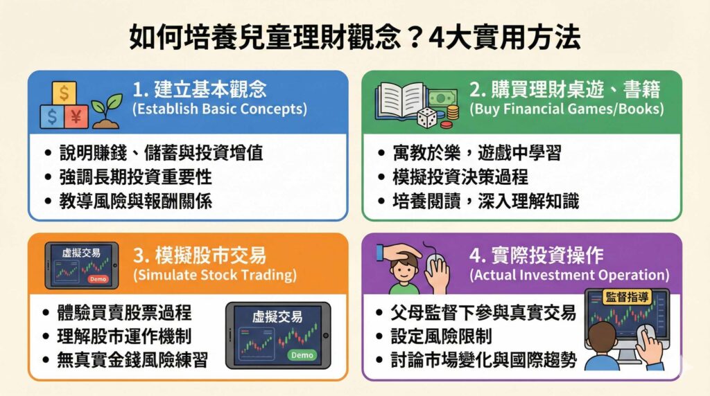 一張資訊圖表,詳述培養兒童理財觀念的四大實用方法:1.建立基本觀念(說明賺錢、儲蓄、投資風險與報酬);2.購買理財桌遊與書籍(寓教於樂、模擬決策);3.模擬股市交易(體驗市場機制、無風險練習);4.實際投資操作(父母監督下參與真實交易、設定風險)。