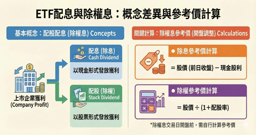 一張說明ETF配息(除息)與配股(除權)概念差異的資訊圖表,並詳細列出除息參考價(股價減現金股利)與除權參考價(股價除以一加配股率)的計算公式。