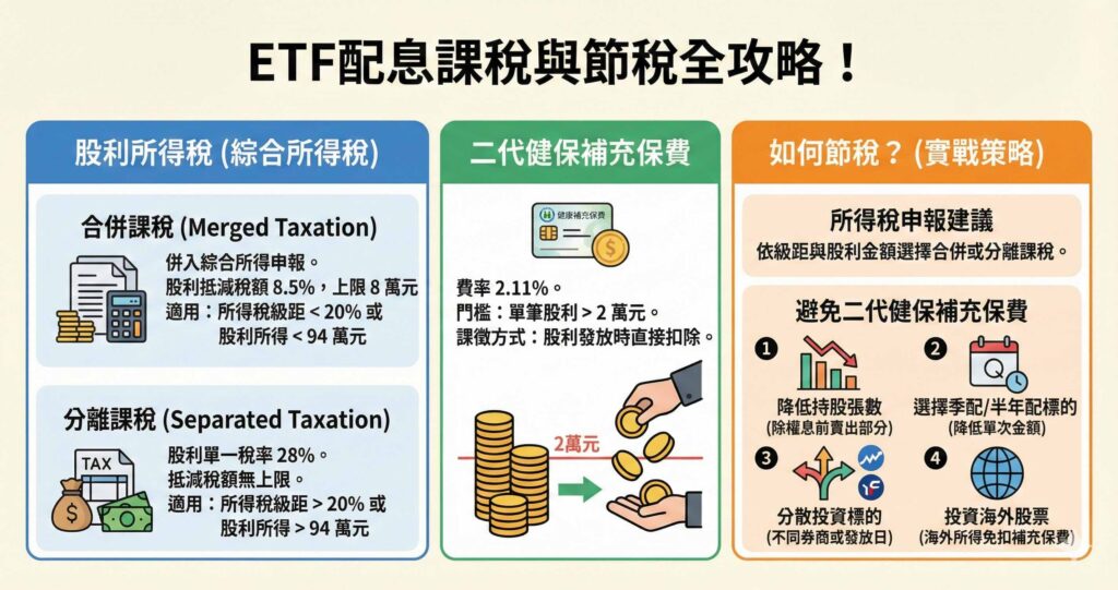 一張全方位的資訊圖表,詳解 ETF 配息課稅與節稅攻略。圖中比較了股利所得稅的「合併課稅」與「分離課稅」適用條件,說明「二代健保補充保費」的單筆2萬元門檻與費率,並提供四種避免被課徵補充保費的實戰節稅策略(如選擇季配息、分散投資、海外所得等)。