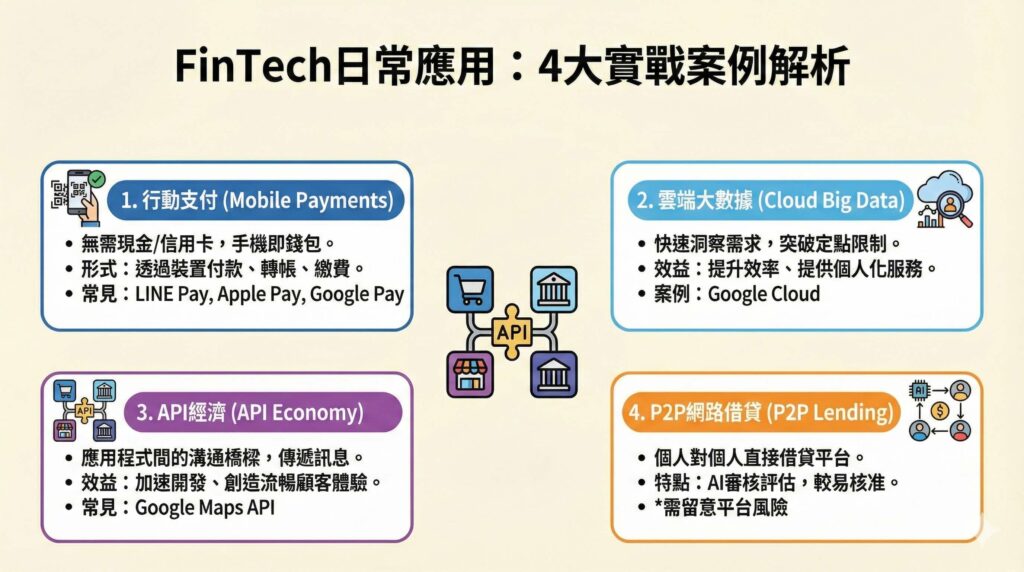 一張資訊圖表,解析四大 FinTech 金融科技日常應用實戰案例。內容包含:無需現金的「行動支付」(如 LINE Pay, Apple Pay)、快速洞察需求的「雲端大數據」、作為溝通橋樑的「API經濟」,以及個人對個人的「P2P網路借貸」平台。