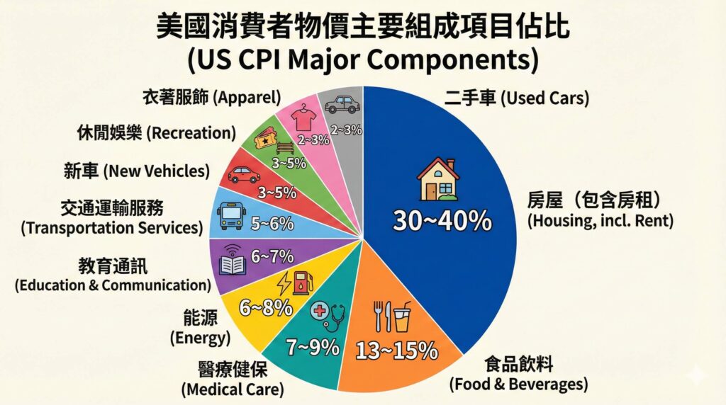 一張圓餅圖資訊圖表,詳列「美國消費者物價主要組成項目佔比 (US CPI Major Components)」。圖中顯示各項目的權重分佈,其中占比最高的為房屋(含房租) 30~40%,其次為食品飲料 13~15%,以及醫療健保 7~9%、能源 6~8% 等項目的具體百分比範圍。