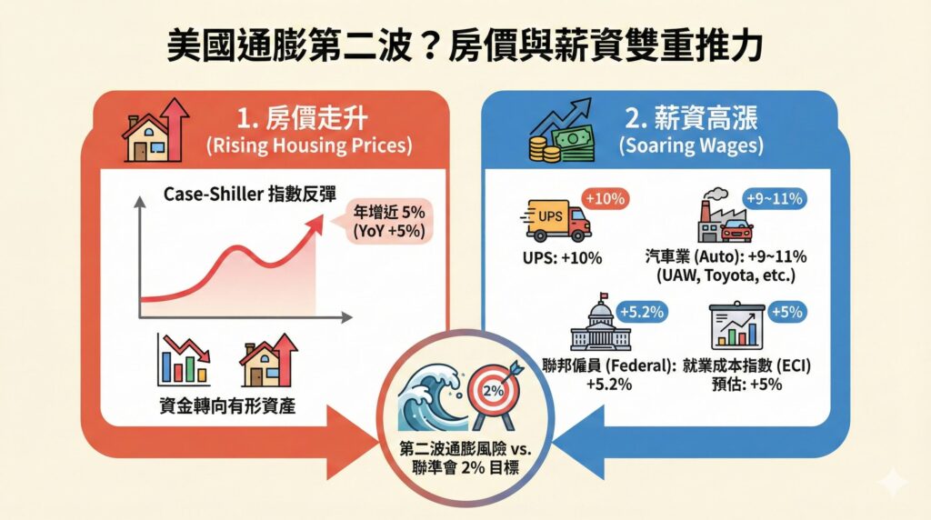 一張分析美國潛在第二波通膨的資訊圖表。圖解兩大推力:1. 房價走升(Case-Shiller指數反彈,年增近5%);2. 薪資高漲(列舉UPS加薪10%、汽車業UAW加薪9-11%、聯邦僱員加薪5.2%及ECI預估5%等數據)。圖表結論指出這兩大因素形成了第二波通膨風險,挑戰聯準會2%的目標。