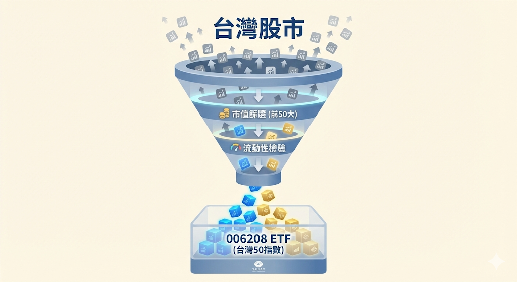 富邦台灣采吉50ETF (006208) 追蹤指數示意圖,展示台灣50指數如何篩選市值最大前50家公司及流動性檢驗規則。