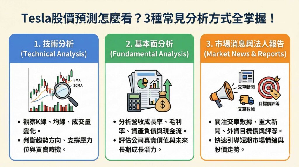 這是一張資訊圖表,標題為「Tesla股價預測怎麼看?3種常見分析方式全掌握!」。圖中詳細圖解了三種分析方法:1. 技術分析(觀察K線、均線、成交量,判斷趨勢與買賣時機);2. 基本面分析(分析營收成長率、毛利率、財報數據,評估長期價值);3. 市場消息與法人報告(關注交車數據、新聞、外資評等,掌握短期市場情緒)。