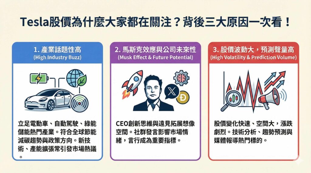 這是一張資訊圖表,標題為「Tesla股價為什麼大家都在關注?背後三大原因一次看!」。圖中詳細解析了特斯拉(Tesla)成為市場焦點的三個關鍵:1. 產業話題性高(立足電動車、自動駕駛、綠能儲能等熱門趨勢);2. 馬斯克效應與公司未來性(CEO伊隆馬斯克的創新思維與社群影響力);3. 股價波動大,預測聲量高(漲跌劇烈,成為技術分析與媒體報導的熱門標的)。