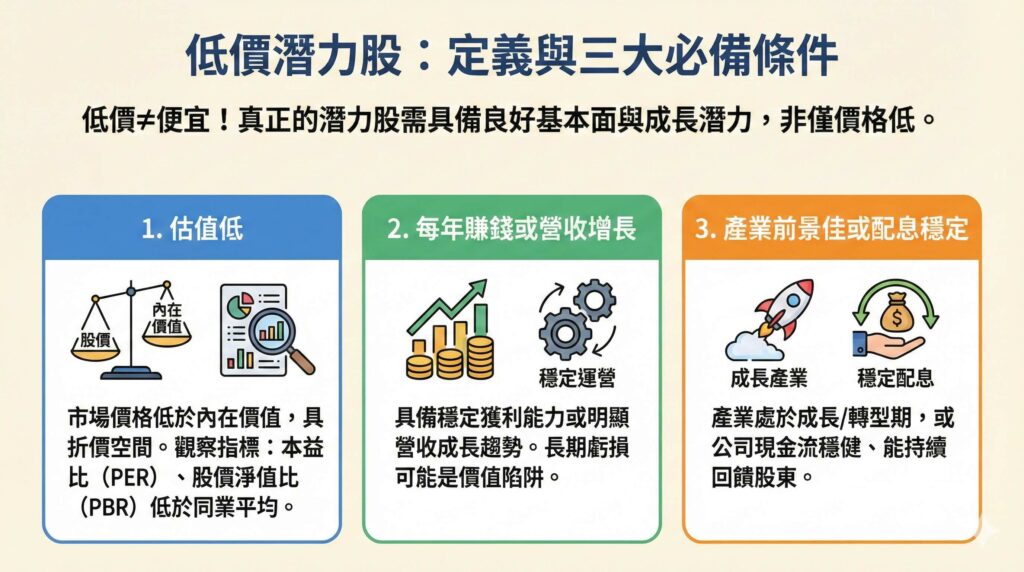 這是一張資訊圖表,主題為「低價潛力股:定義與三大必備條件」。圖中強調低價不等於便宜,真正的潛力股需具備良好基本面與成長潛力。三個必備條件分別為:1. 估值低(市場價格低於內在價值,觀察指標如本益比 PER、股價淨值比 PBR 低於同業平均);2. 每年賺錢或營收增長(具備穩定獲利能力,避免長期虧損的價值陷阱);3. 產業前景佳或配息穩定(處於成長期產業,或現金流穩健能持續回饋股東)。