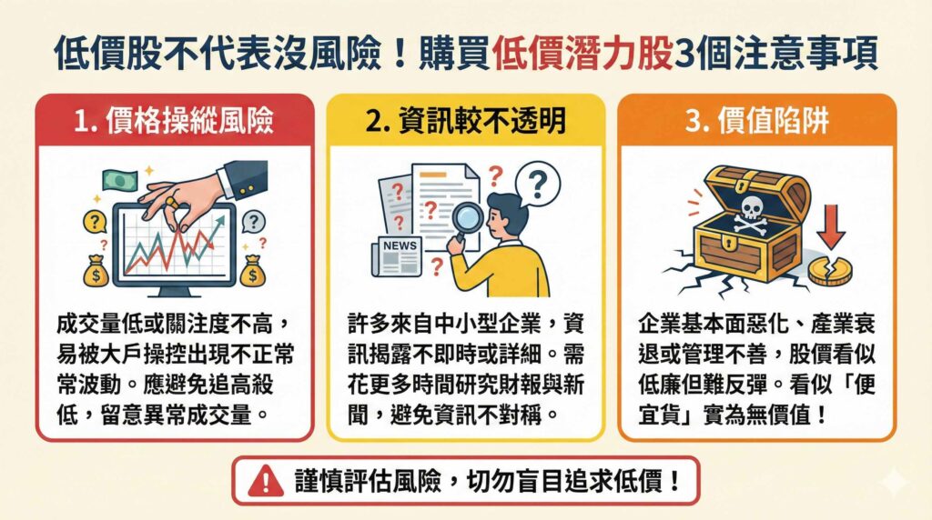 這是一張資訊圖表,標題為「低價股不代表沒風險!購買低價潛力股3個注意事項」。圖中詳細圖解了三大風險:1. 價格操縱風險(成交量低或關注度不高,易被大戶操控出現異常波動);2. 資訊較不透明(許多中小型企業資訊揭露不即時或詳細,需慎防資訊不對稱);3. 價值陷阱(企業基本面惡化或產業衰退,看似便宜實為無價值的股票)。底部警語強調投資應謹慎評估風險,切勿盲目追求低價。